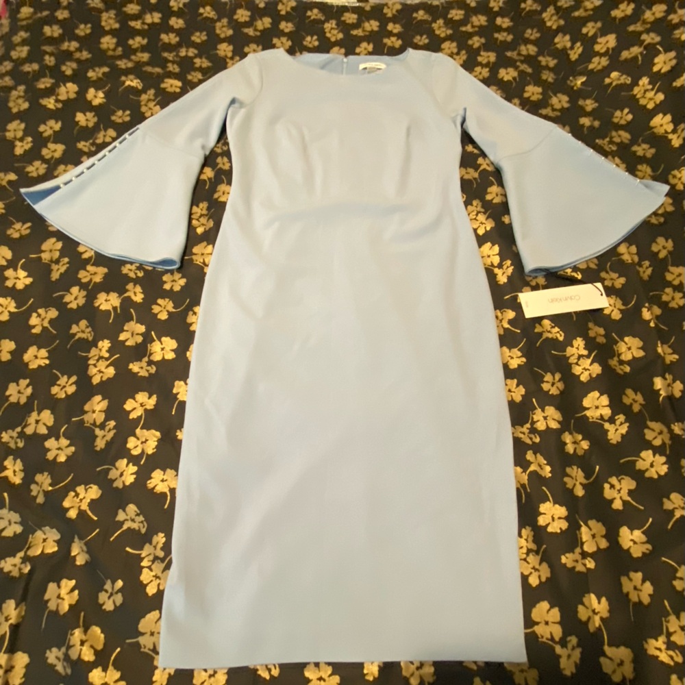 NWT Calvin Klein Bell Sleeve Sheath Dress Blue with Pearl Accents / Size 4 - Picture 5 of 16